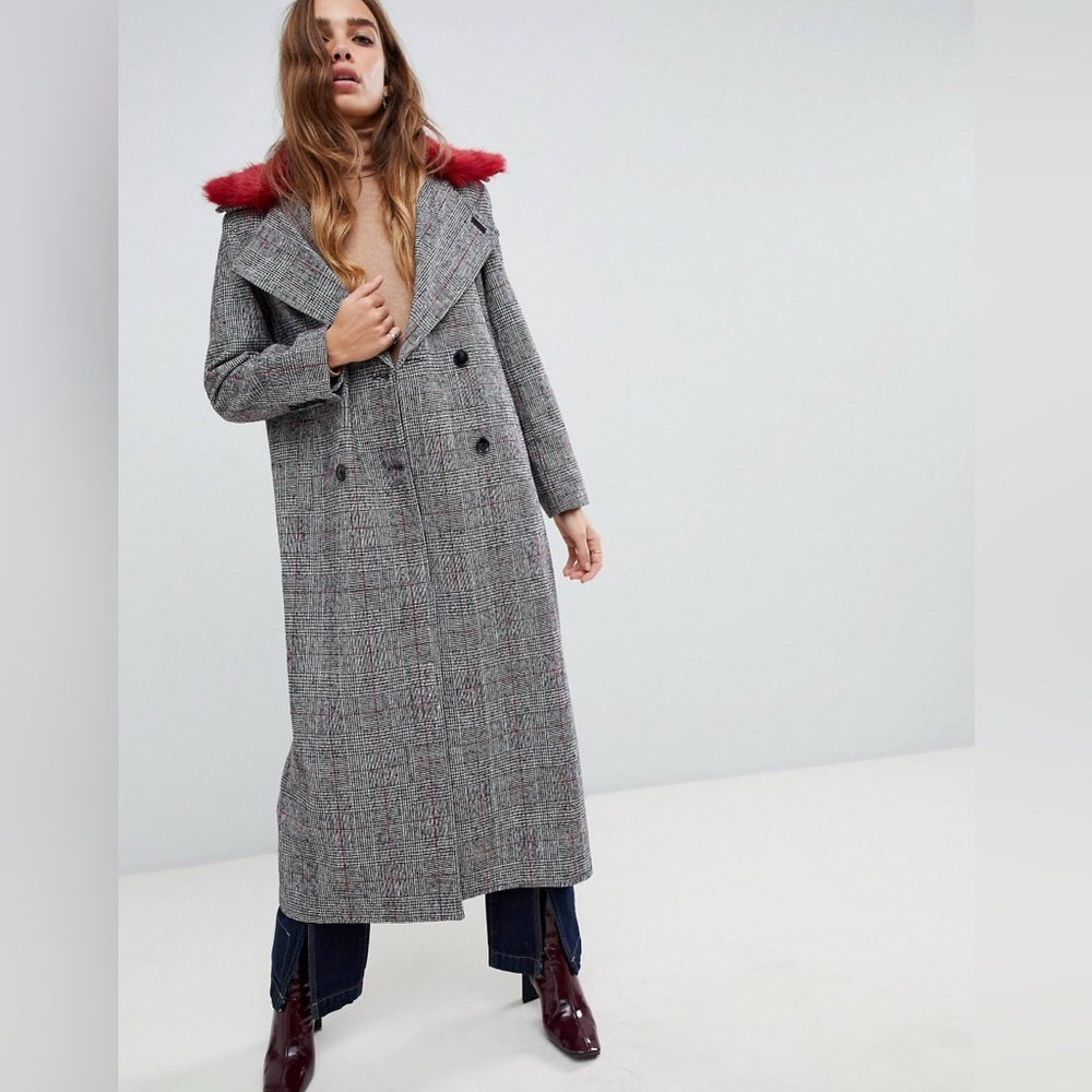 Need Supply Stelen Oversized Coat Checkered with Removable Faux Fur Collar